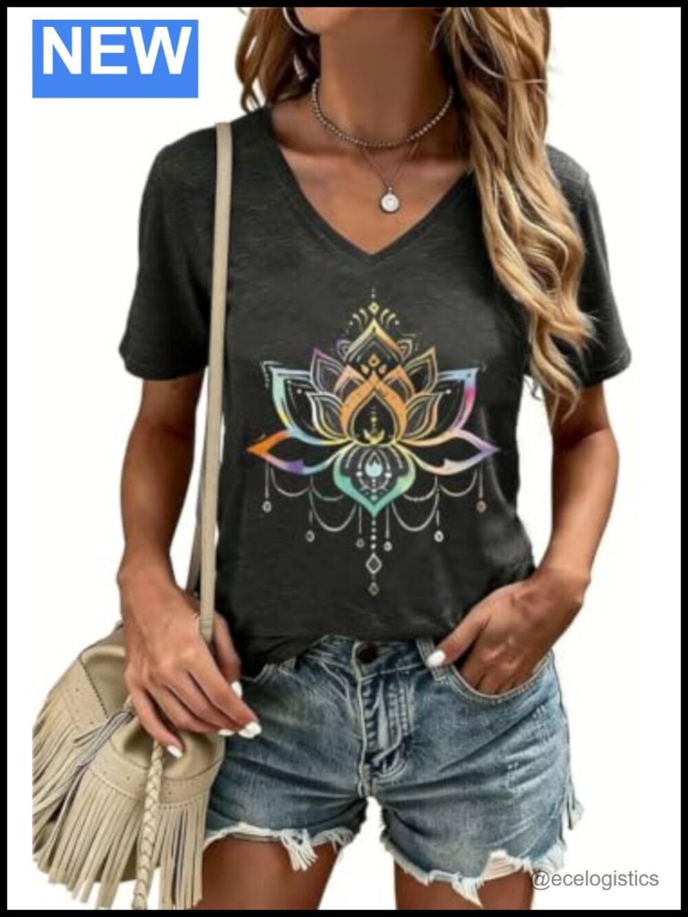 Vintage Boho Floral Graphic V-Neck Short Sleeve Tee